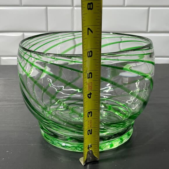 Emerald Green Clear Swirl Hand Blown Glass Serving Art Deco Bowl - Picture 5 of 6